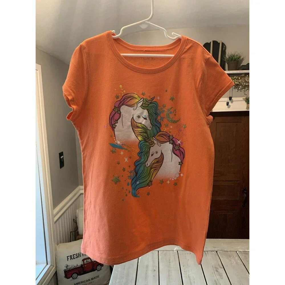 The Children's Place Girls Size 6 Orange Unicorn Graphic Glitter Crew Neck Tee